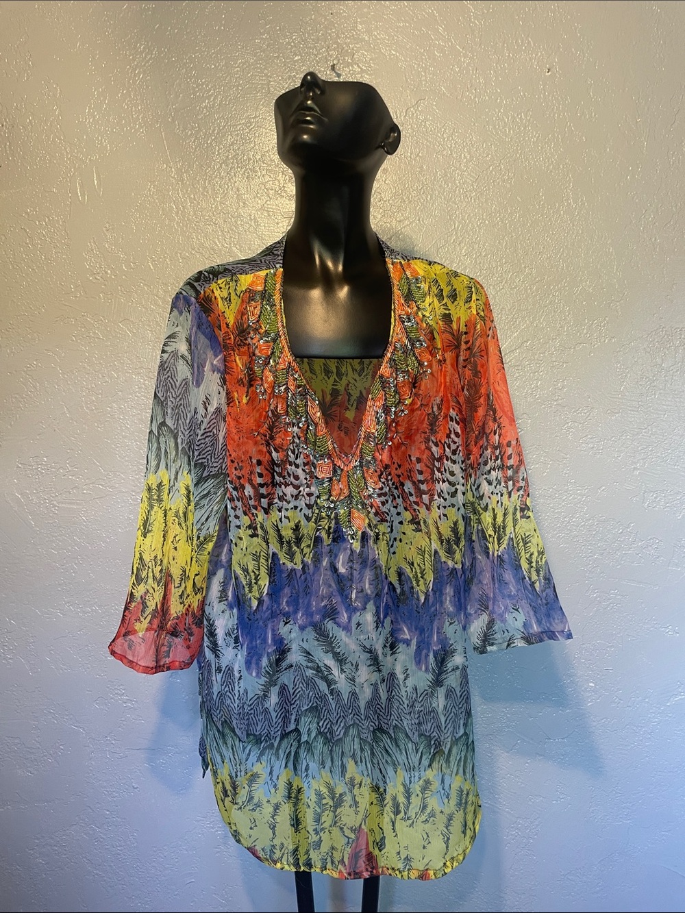 Colorful Patterned Women’s Swim Cover-Up Tunic hand beaded